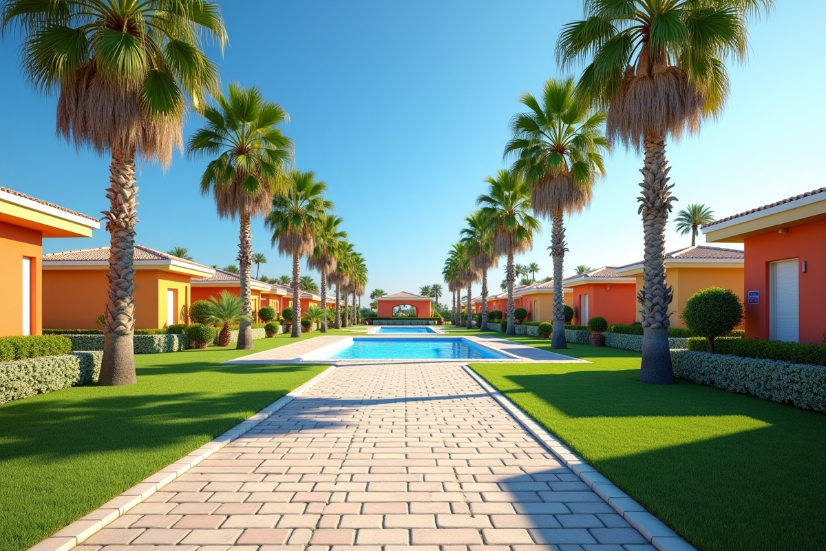 Allée bordée de palmiers et bungalows colorés à Le GrauduRoi