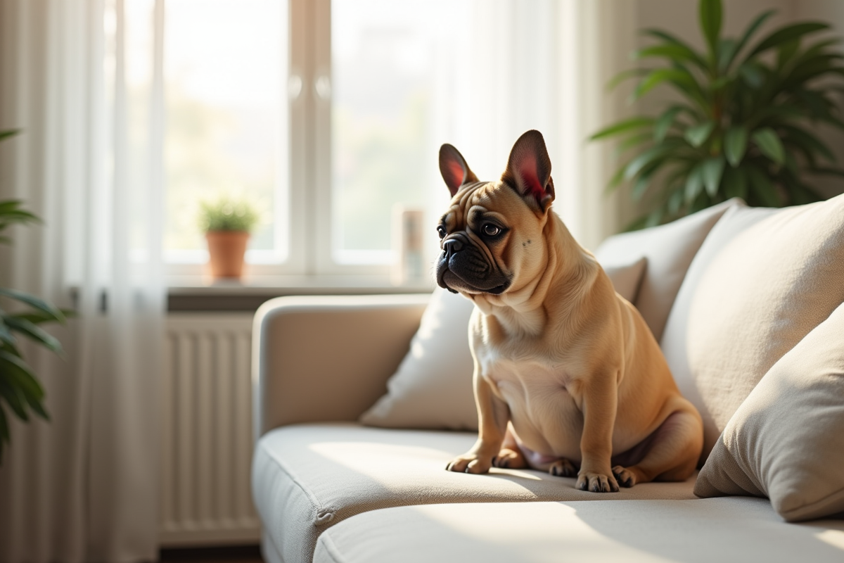 Bouledogue français assis sur un canapé lumineux dans un salon moderne