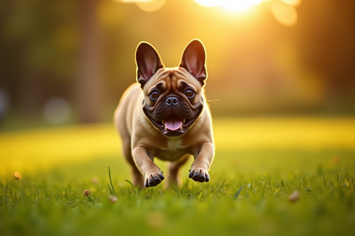 Bouledogue français courant dans un parc ensoleille lors de l