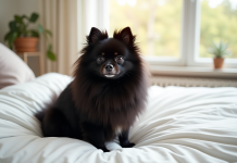 Chien Pomeranian noir sur un lit blanc lumineux