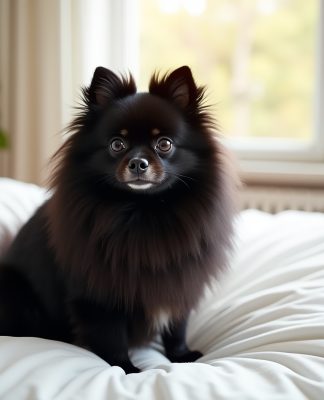 Chien Pomeranian noir sur un lit blanc lumineux