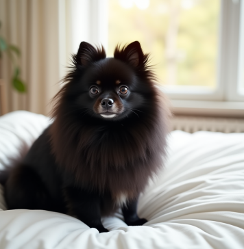 Chien Pomeranian noir sur un lit blanc lumineux