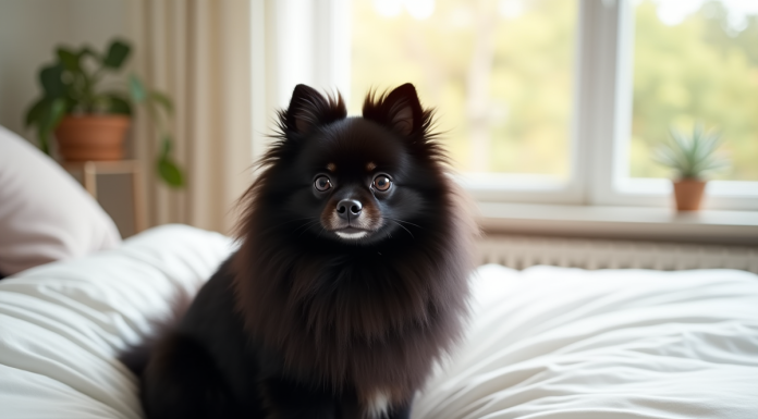 Chien Pomeranian noir sur un lit blanc lumineux