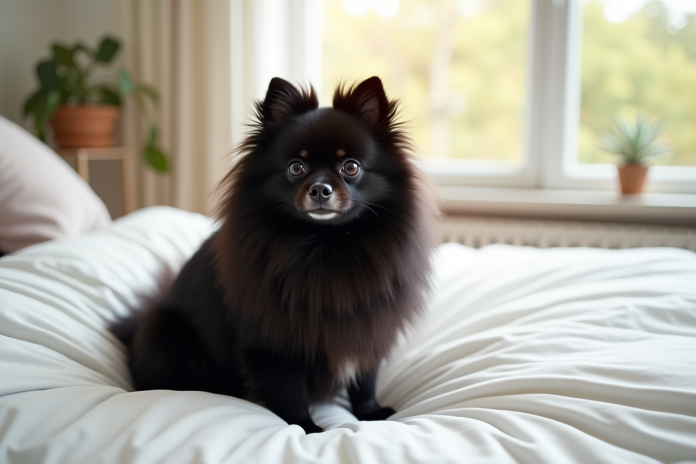 Chien Pomeranian noir sur un lit blanc lumineux