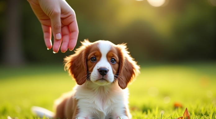 Jeune chiot Brittany Spaniel assis dans l'herbe en plein soleil