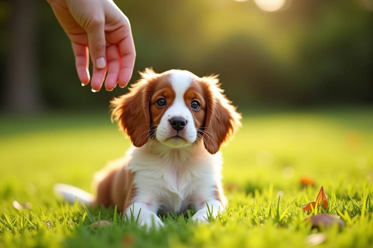 Jeune chiot Brittany Spaniel assis dans l'herbe en plein soleil