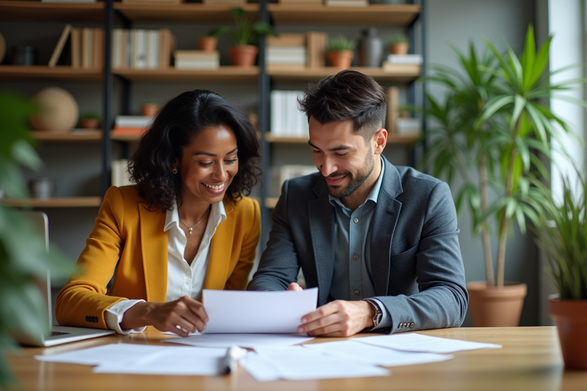 Deux collègues discutant de documents dans un espace de coworking