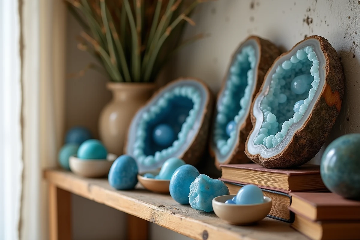 Collection de pierres bleues naturelles dont lapis-lazuli et agate disposées sur une étagère en bois rustique avec des herbes séchées