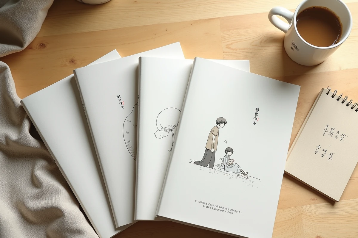 Vue de dessus d'une collection de volumes manhwa coréens posés sur une table en bois avec un carnet de notes et une tasse de café