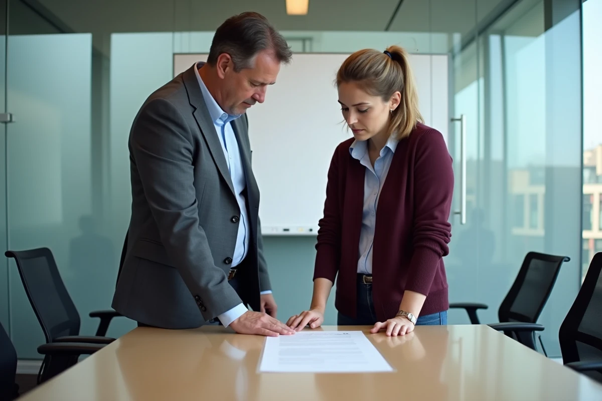 Deux collègues discutant des formules de politesse dans un email professionnel lors d'une réunion de travail