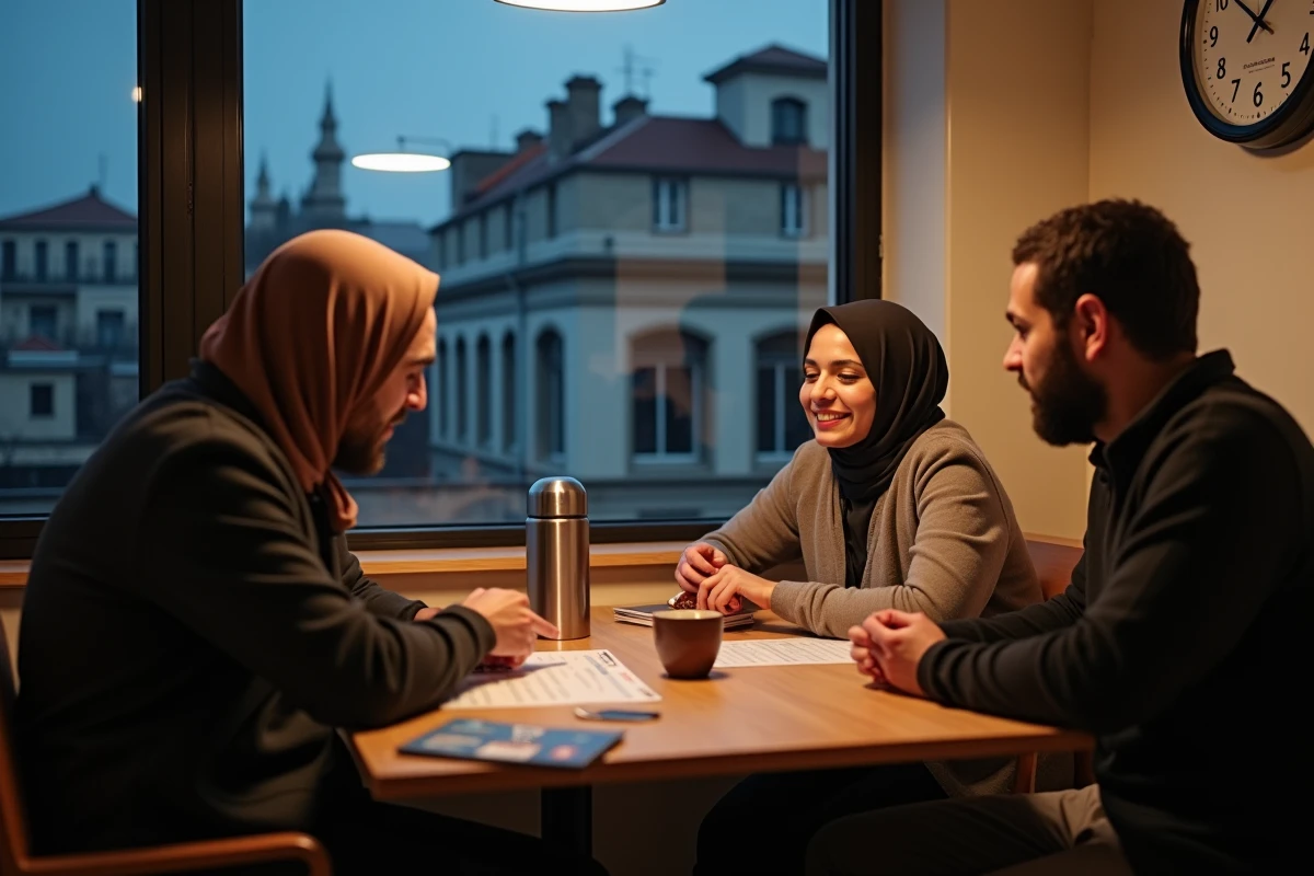 Collègues en horaires décalés partageant l'iftar du Ramadan dans une salle de pause à Lyon