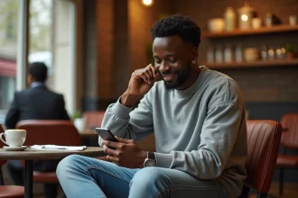 Comédien noir assis dans un café parisien avec smartphone