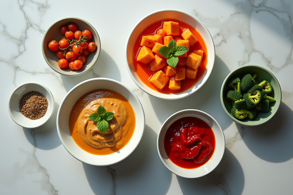 Condiments et légumes grillés en bols élégants sur marbre