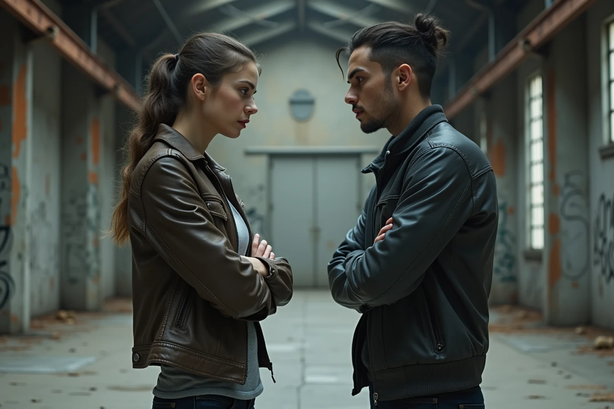 Confrontation psychologique entre deux personnages dans un entrepôt industriel abandonné, représentation des dynamiques de pouvoir et de manipulation dans une organisation criminelle fictive