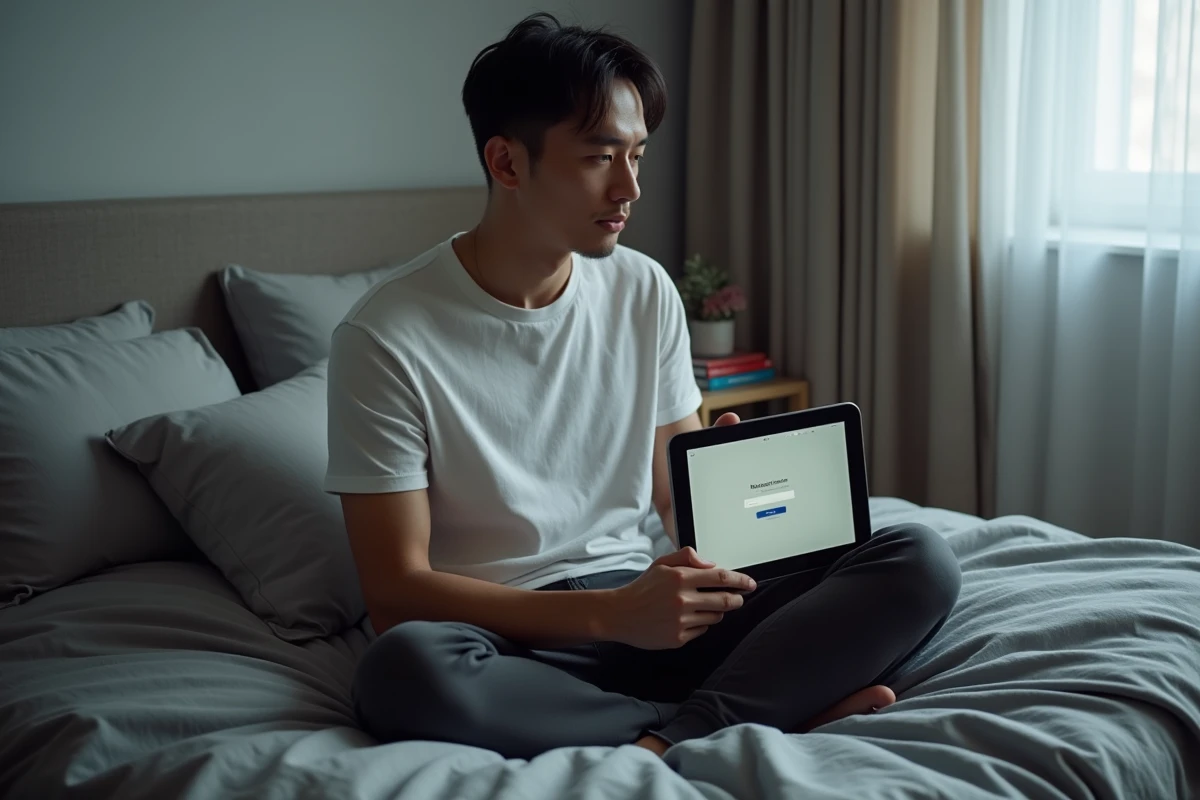 Homme adulte sur son lit consultant un site de scans manga avec une fenêtre de connexion affichée sur tablette