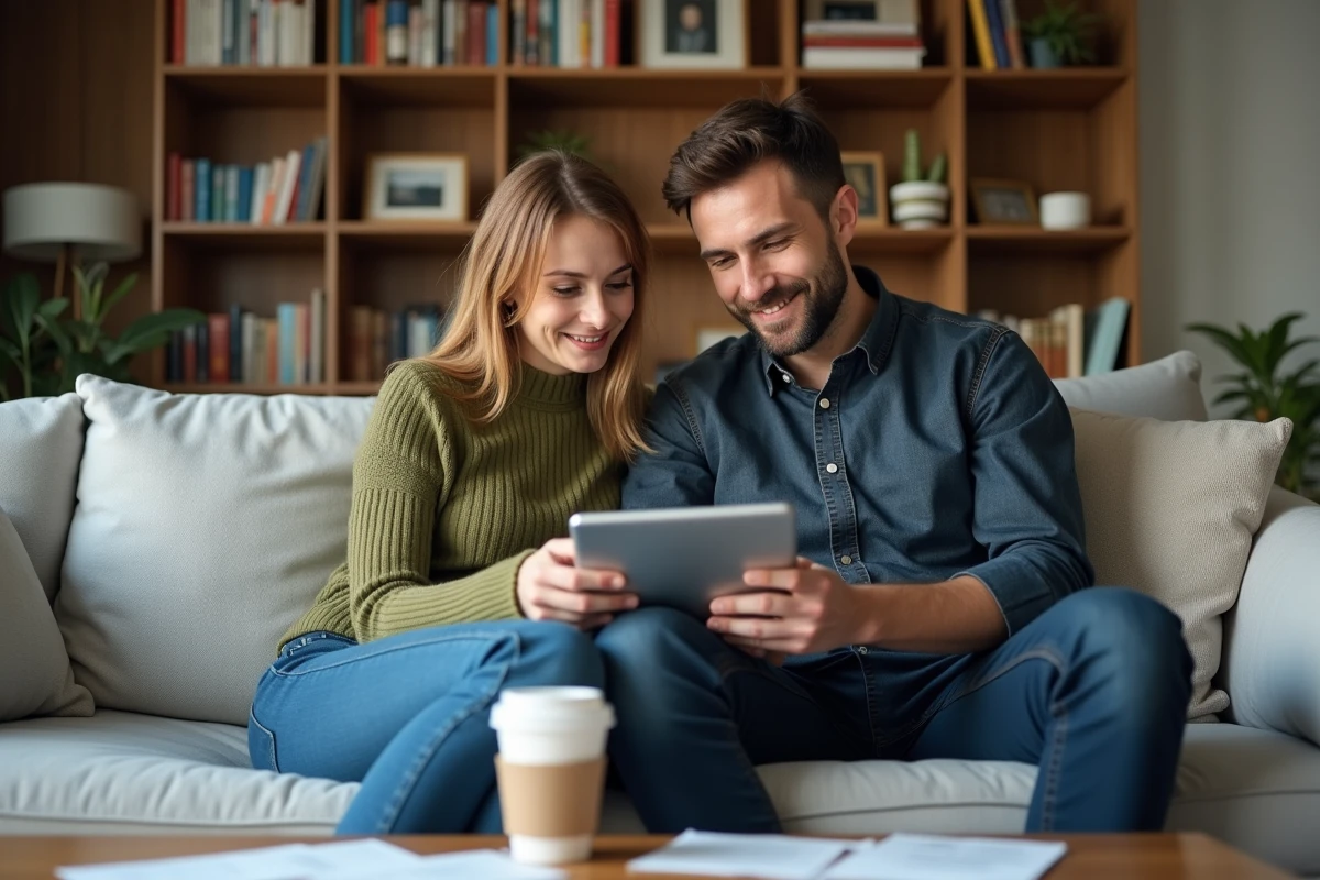Couple consultant leur budget familial sur une tablette pour optimiser les avantages du programme Avis Rend Gratuit
