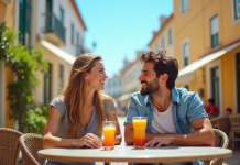 Jeune couple souriant sur une terrasse ensoleillée à Lisbonne