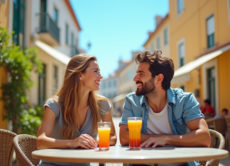 Pays le moins cher et le plus sûr pour vivre : top destinations à découvrir Jeune couple souriant sur une terrasse ensoleillée à Lisbonne