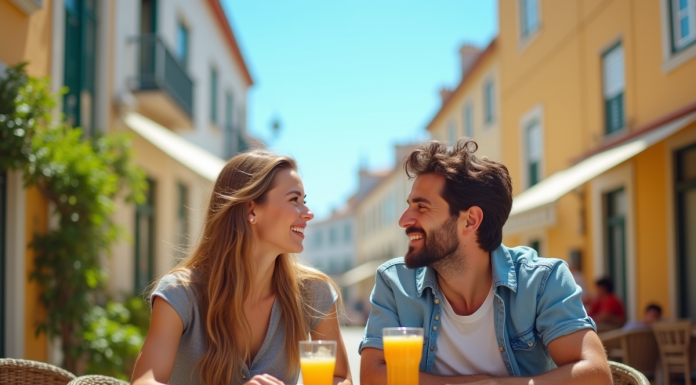 Jeune couple souriant sur une terrasse ensoleillée à Lisbonne