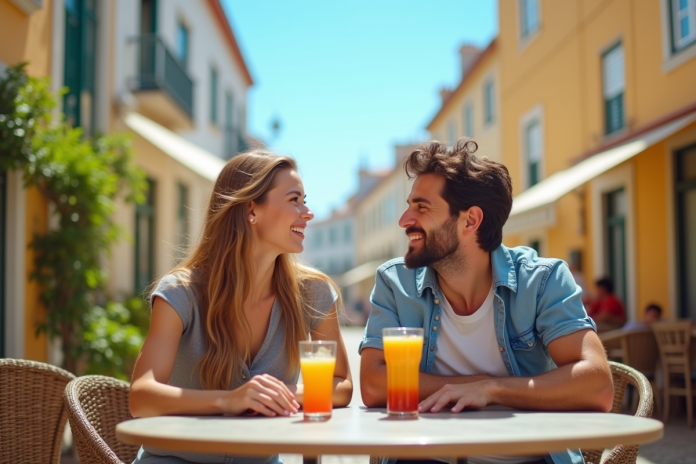 couple-cafe-lisbonne Jeune couple souriant sur une terrasse ensoleillée à Lisbonne