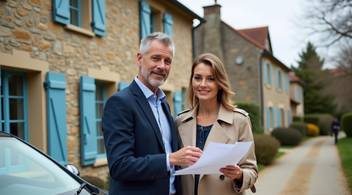 Couple en immobilier devant maison de village