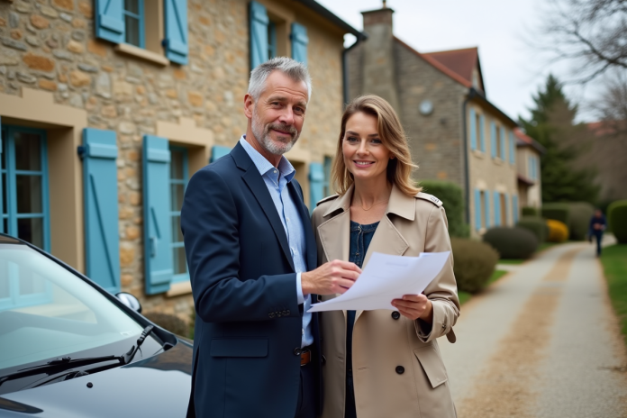 couple-immobilier-village Couple en immobilier devant maison de village