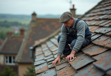 Cailloux sur le toit : comprendre leur signification et origine Ouvrier couvreur posant des galets sur un toit en ardoise