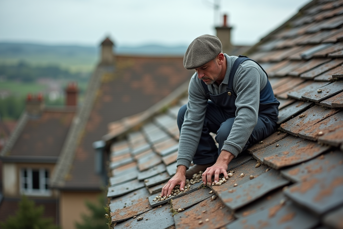 Ouvrier couvreur posant des galets sur un toit en ardoise