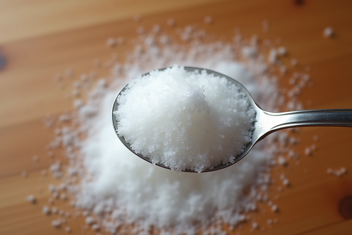 Cuillère en métal remplie de sucre en poudre vue de dessus