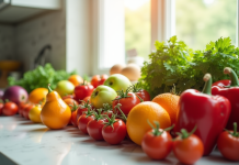 Plan d'une cuisine lumineuse avec fruits et légumes frais