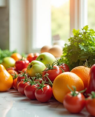 Plan d'une cuisine lumineuse avec fruits et légumes frais