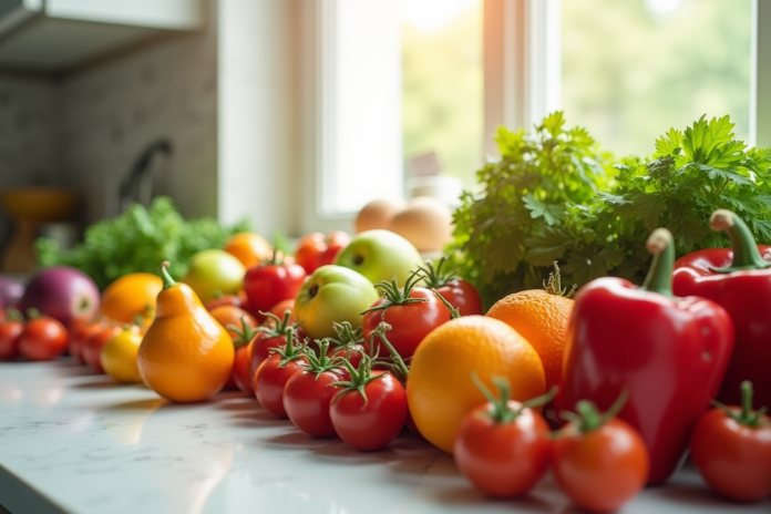 cuisine-fruits-legumes-saison Plan d'une cuisine lumineuse avec fruits et légumes frais