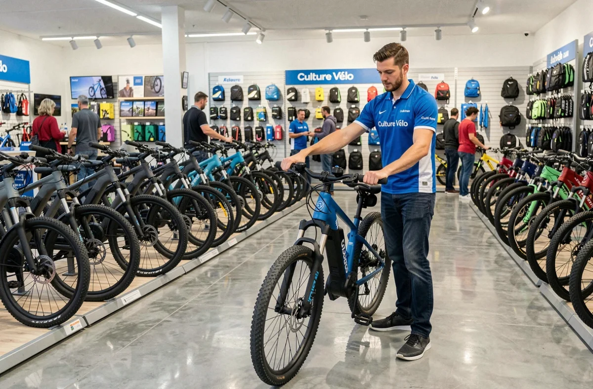 Magasin Culture Vélo à Pau avec des vélos électriques en exposition et un technicien au travail
