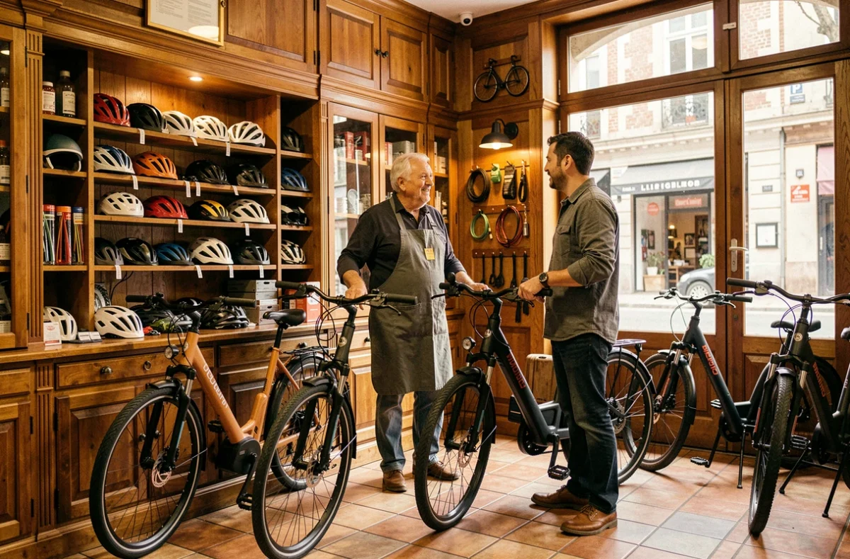 Intérieur du magasin Cycles Picot à Limoges avec un vendeur expérimenté accueillant un client près de vélos électriques