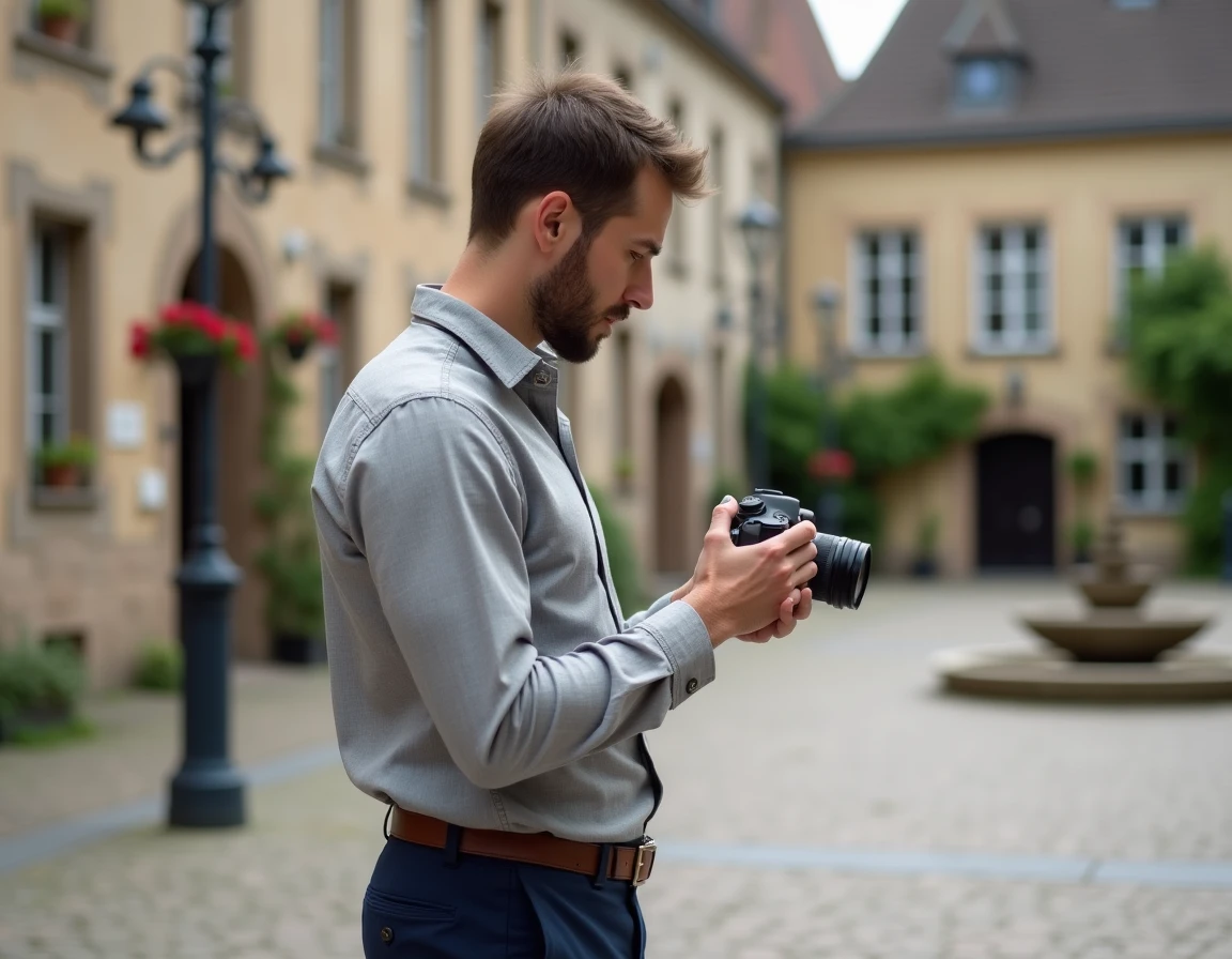 David Carquet photographe en Lorraine consultant ses images dans un village typique aux façades en grès