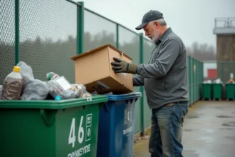 Homme déposant des cartons et plastiques dans les bacs de tri d'une déchèterie municipale