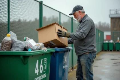 Homme déposant des cartons et plastiques dans les bacs de tri d'une déchèterie municipale