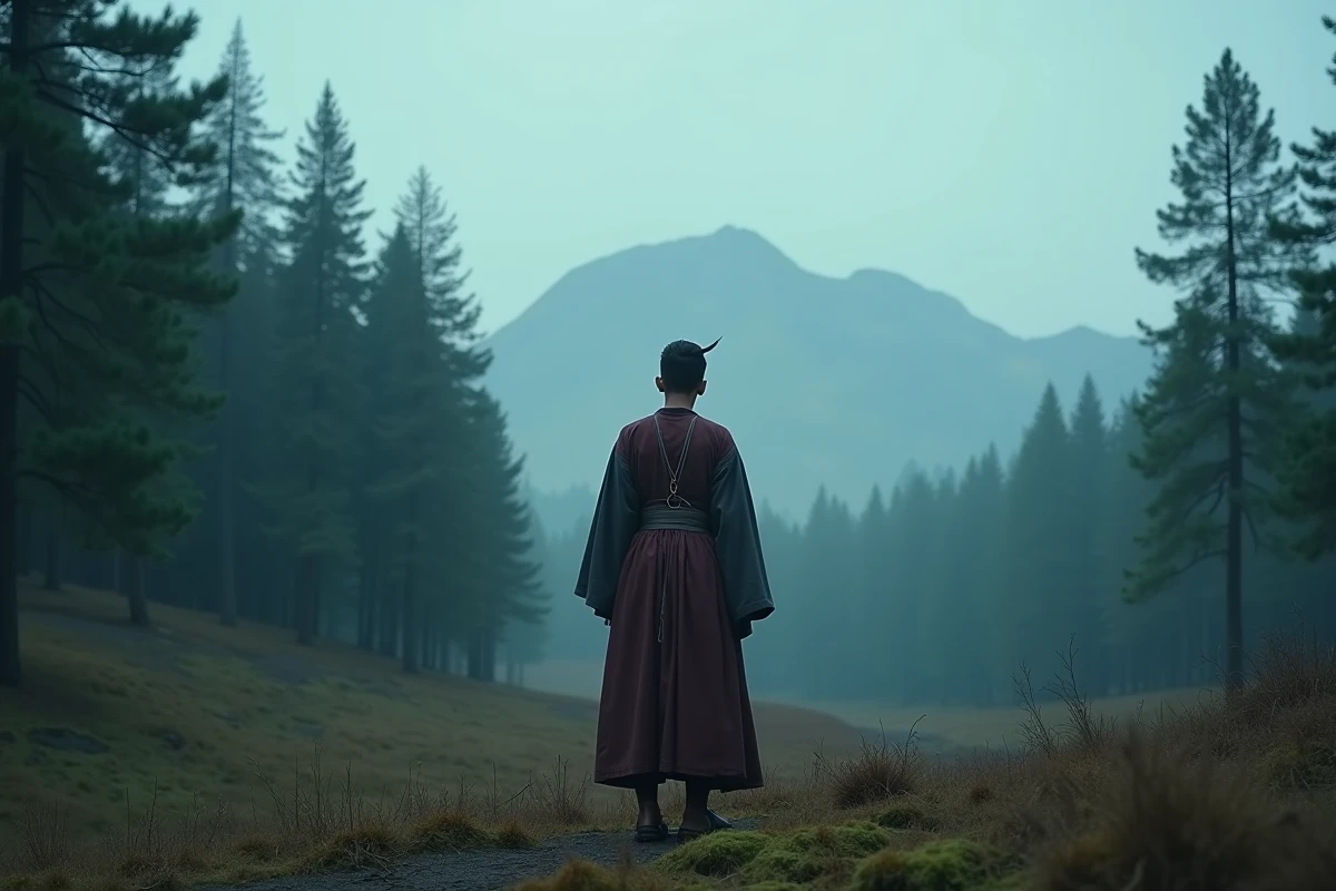 Jeune homme solitaire en tenue traditionnelle contemplant une forêt brumeuse au crépuscule, symbolisant le deuil et la quête de vengeance inspirée du personnage de Kurapika