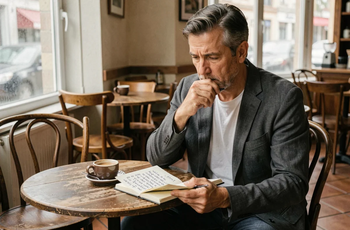 Homme en café consultant un carnet de citations et de plans personnels pour transformer la confiance en action concrète