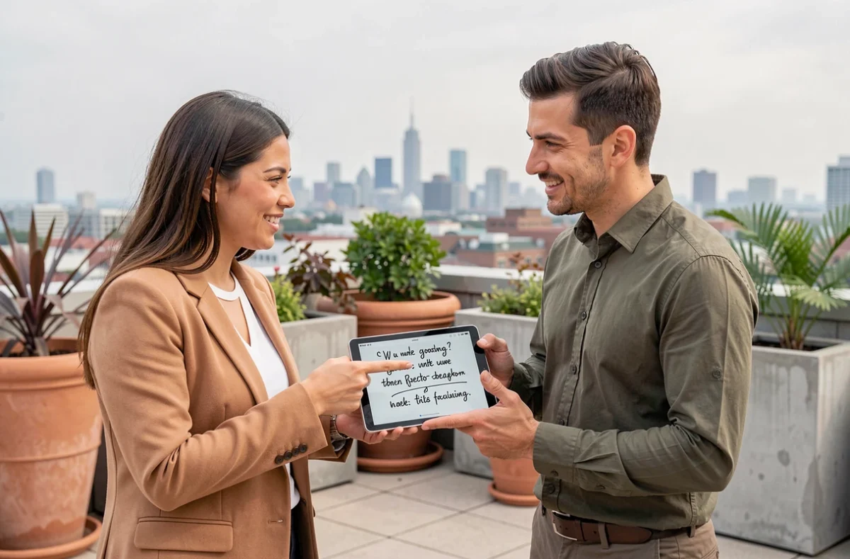 Deux collègues discutant d'un plan d'action inspiré de dictons sur la confiance sur une terrasse urbaine avec une tablette