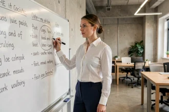 Femme professionnelle écrivant un plan d'action sur un tableau blanc couvert de dictons inspirants dans un bureau moderne
