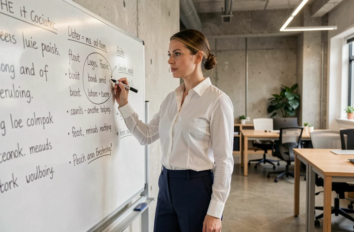 Femme professionnelle écrivant un plan d'action sur un tableau blanc couvert de dictons inspirants dans un bureau moderne
