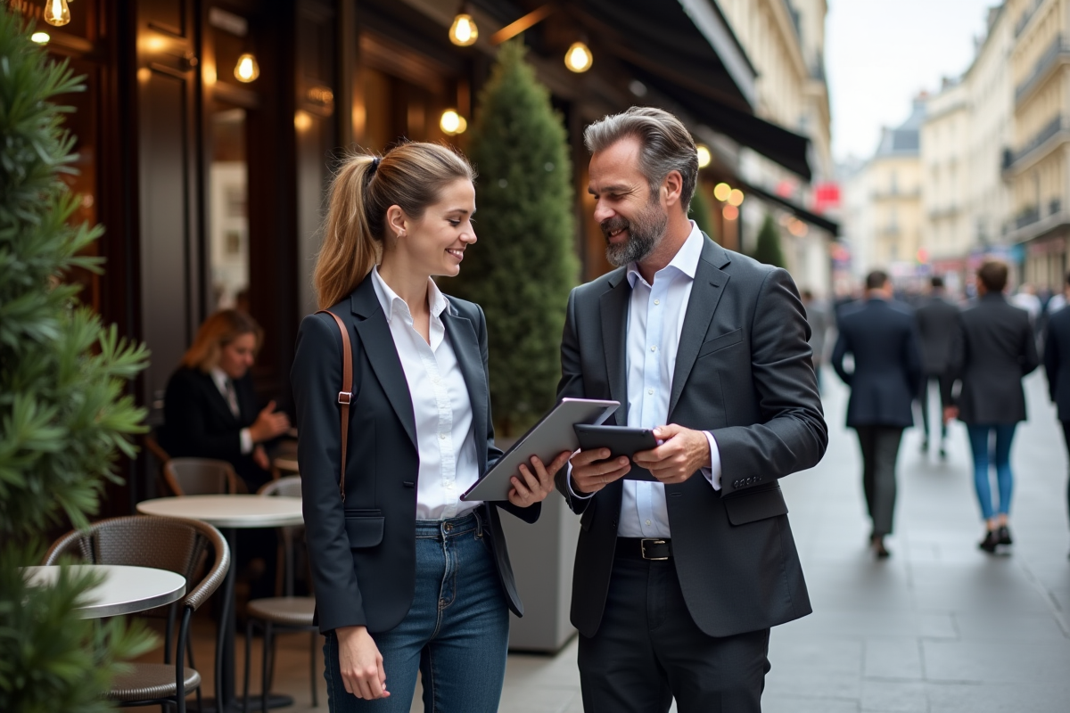 Homme et femme discutant devant un café parisien en extérieur