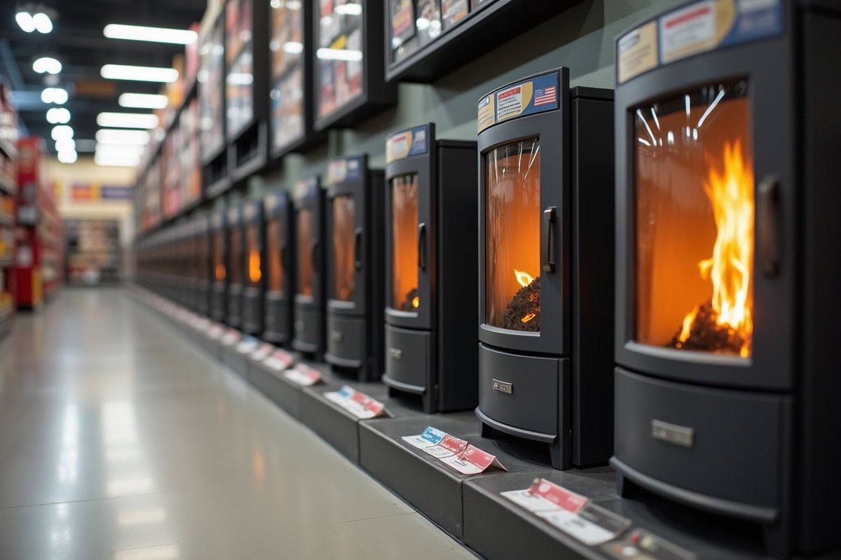 Différents appareils de chauffage exposés en magasin lumineux