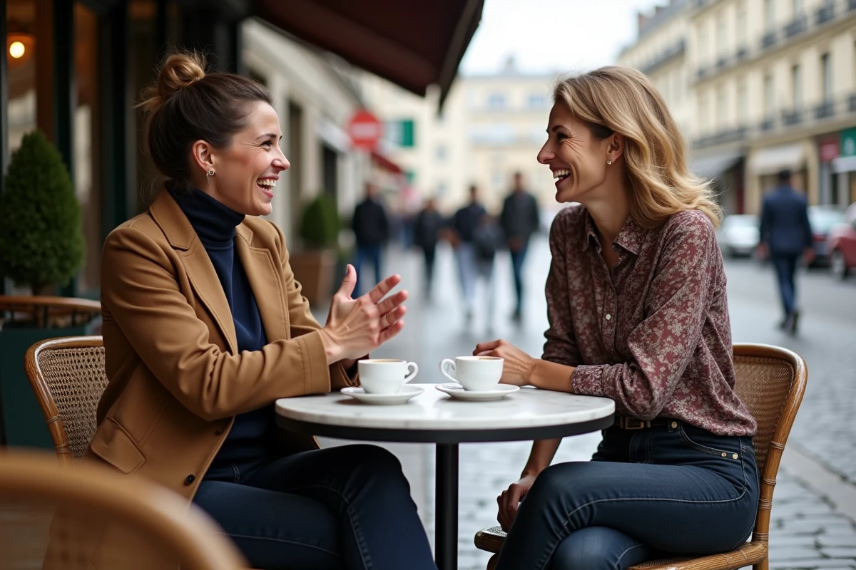 Deux humoristes françaises engagées en conversation animée à la terrasse d'un café parisien, rires et gestes expressifs