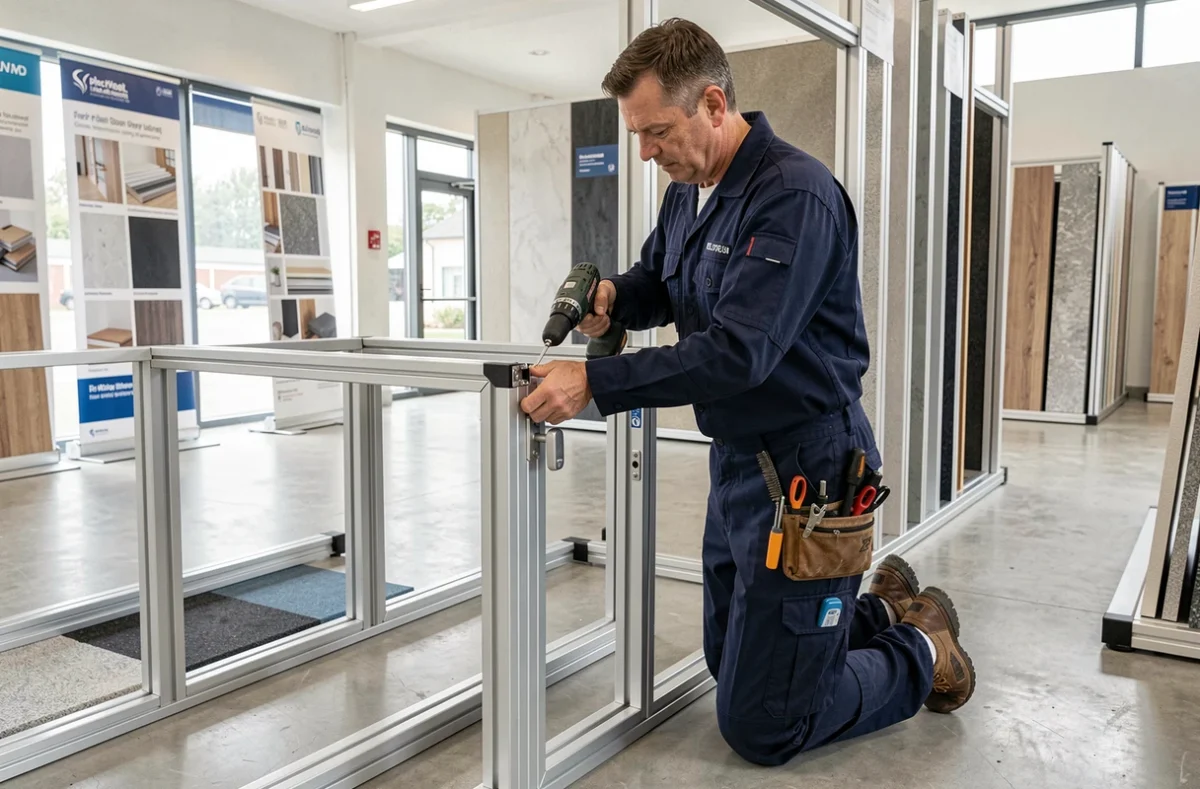 Spécialiste Easy Modulaire assemblant une cloison modulaire avec serrure intégrée dans un showroom