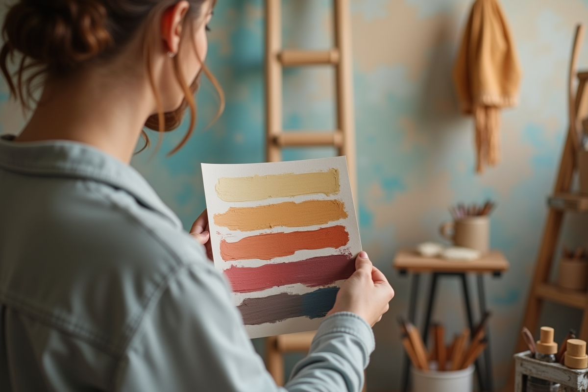 Personne comparant des échantillons de peinture naturelle sur un mur