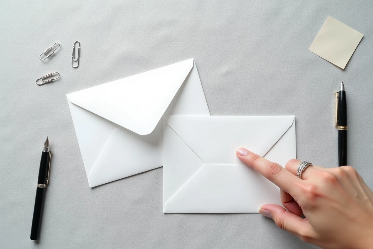 Vue du dessus de deux enveloppes comparant le bon emplacement du timbre en haut à droite versus une enveloppe sans timbre