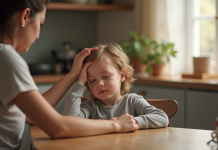 Enfant soutenu par un parent dans la cuisine