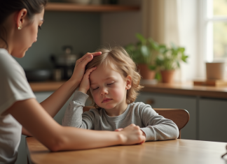 Enfant soutenu par un parent dans la cuisine
